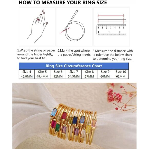 Women Pink/gold Non Tarnish Dainty 14k Gold Plated Baguette Emerald Stone Ring - Picture 5 of 5